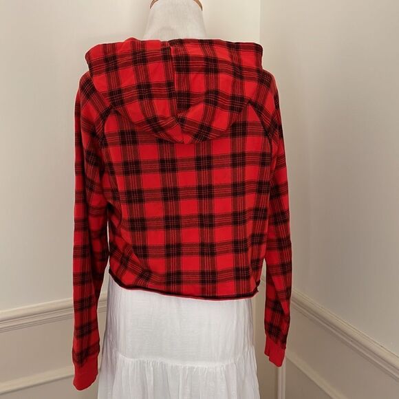 Red and black plaid, hooded cropped top, long sleeve stretchy women’s small - Picture 4 of 6